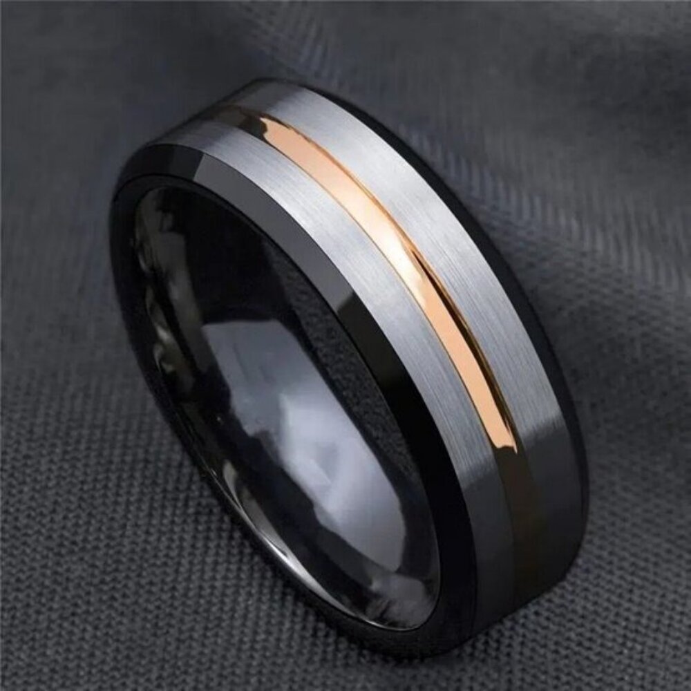 Tungsten Steel Matte Black Polished Double Beveled Copper channel wedding ring